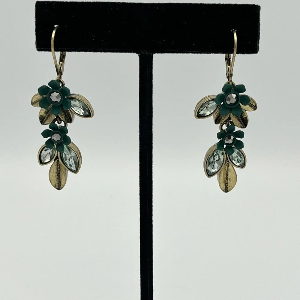 Verdant Bloom Earrings – Antique Gold Floral Dangles with Green Petals
